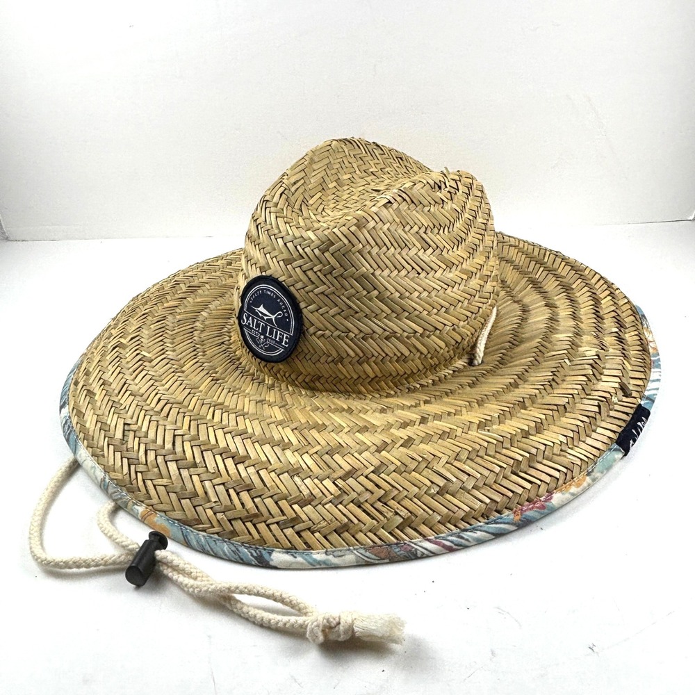 Salt‎ Life Straw Sun Hat Tropical Print Wide Brim Adjustable Chin Strap Beach